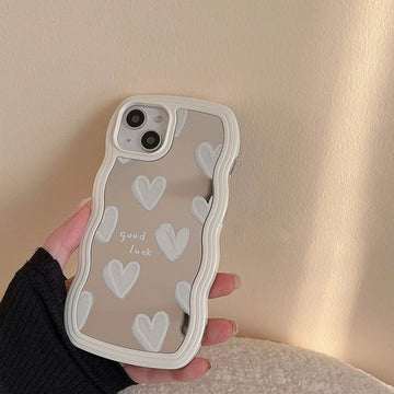 Qfdian Wavy Frame Heart-Shaped Mirror Phone Case For IPhone 15 14 13 12 11 Pro Max X XR Girls Fashion Phone Case With Bracelet